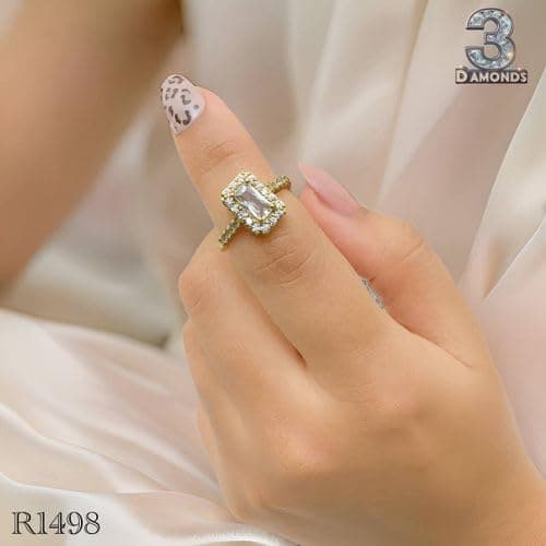 3 Diamonds 292474661779658 Gold-Plated Emerald Cut Zircon Ring – Halo Frame Classic Design-1