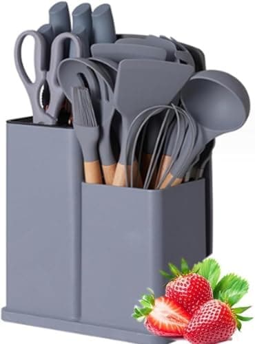 Chef Kitchen Set 19 Piece Includes Stainless Steel Knives, Silicone & Wooden Utensils, Granite Blanche, Spatulas and Organizer Holder for Easy and Everyday Food Prep