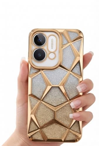 Case Gradient Glitter Luxury (Compatible with Reno 14F) Electroplated 3D Cube, Diamond Bling Shiny Soft TPU Clear Shockproof Women Girls Protective Phone Cover (Gold)