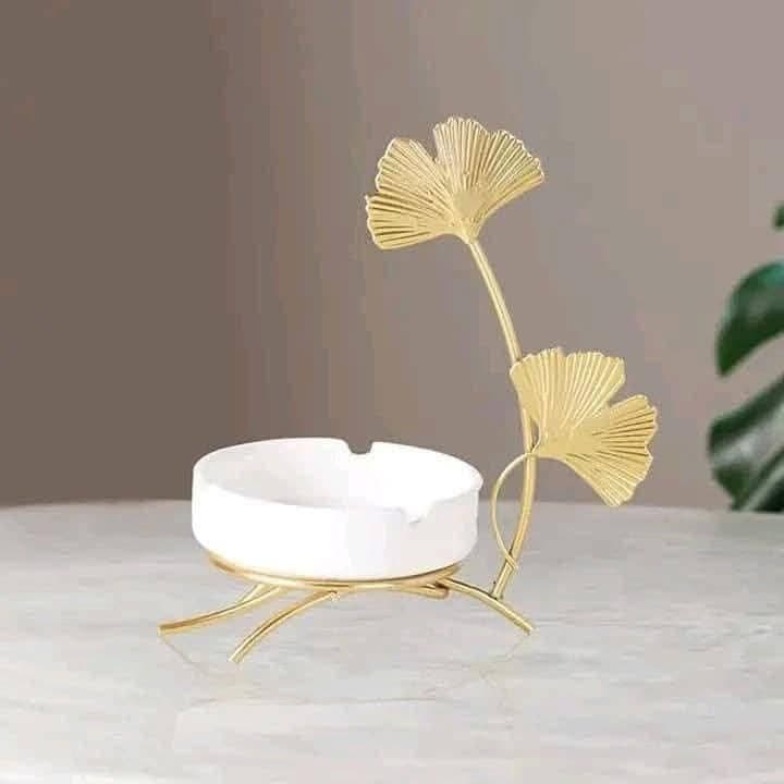 Generic Ashtray with Gold Metal Holder Stand, White Round Ash Tray, Elegant Home Décor Accent, .kI