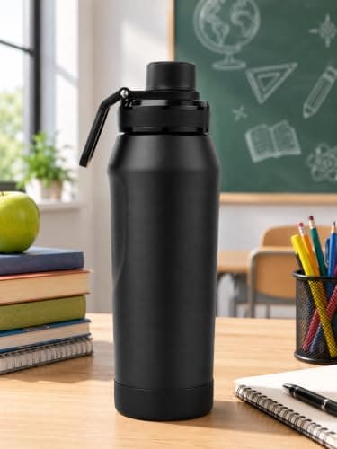 800ml Vacuum Insulated Stainless Steel Thermal Bottle with silicon rubber base, Leakproof, BPA Free, Hot/Cold Sports Water Bottle for Coffee, Tea, Travel (Black S)