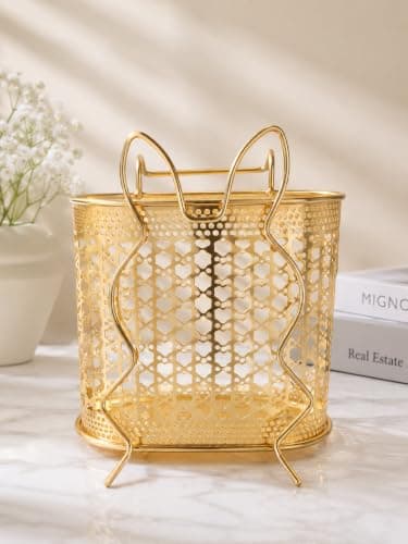 Decorative Copper Spoon and Fork Organizer Kitchen Utensil Strainer for Cabinet or Countertop Multifunction Brush Pen Holder