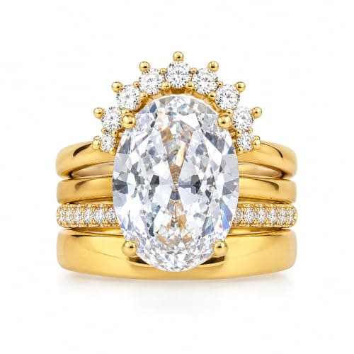 Oval Cut CZ Halo Engagement Ring Set in Gold Tone | Stacked Ring Set, Crown Halo Design, Cubic Zirconia Stone, Pavé Band Included, Bridal Jewellery