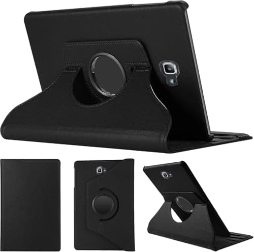 Tablet Cover 360 Degree Rotating Case with Auto Sleep (Leather Wish & Back & Safety Strap) (Compatible with Galaxy Tab A6) 10.1 2016 (SM-T580/T585) Black) Portable electronic device cover