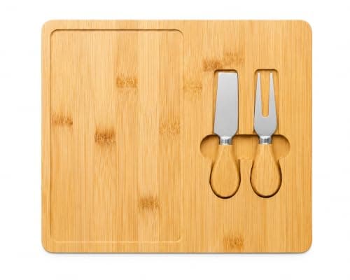 Newhome Small Square Wooden Cutting Board with Fork and Knife, Premium Wooden Chopping and Serving Board for Cheese, Bread, Fruits and Appetizers, Compact Kitchen Set