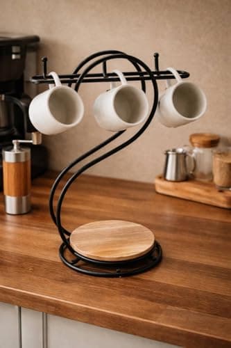 Generic Coffee Mug Hanger Stand with Wooden Base, Black Finish, Rust-Resistant, Spiral Style, 6 Hook Organiser, .sa