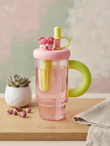 JALSA 900ml Clear Plastic Water Bottle with Character Lid – Cylindrical Tumbler with Handle – Stylish Portable Drinking Bottle (Pink) Home