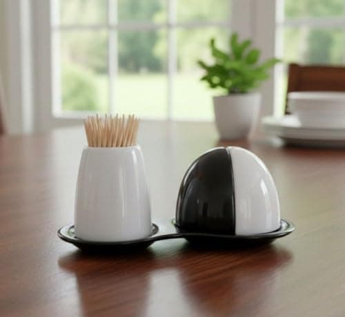 Generic Salt and Pepper Shaker Set with Toothpick Holder and Tray, 4-Piece, White and Black, .db Food shaker