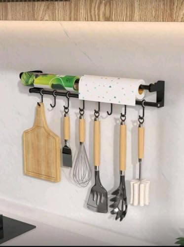 Generic Wall-Mounted Towel Bar with 8 Hooks, Double Rod Rack, 60cm, Black, Multi-Purpose Kitchen and Bathroom Hanger, .em Towel holder