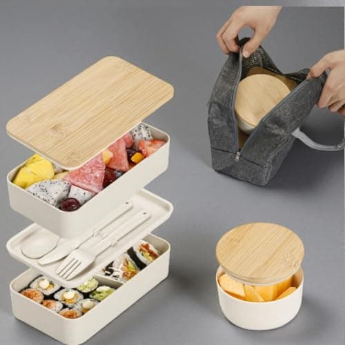 Divided Bento Lunch Box with Wooden Lid Meal Prep Container for Travel