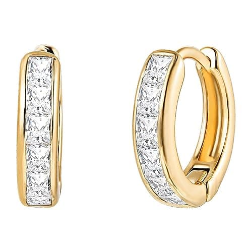 18k Gold Plated Crystal Hoop Earrings with Swarovski Crystals, Beautiful Cubic Zirconia Huggie Cuff Small Hoops Earring By Julia Store