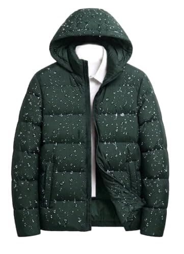 Waterproof Men's Hooded Puffer Jacket, Water-Resistant, Dark Green | Quilted Insulation, Zip-Up Closure, Winter Outerwear, Relaxed Fit, Side Pockets Coat