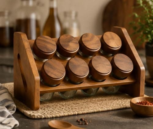 Generic Glass Spice Set,8 pieces + wooden stand,Material:Pure glass; lids,stand made of high-quality beech wood,Allows for easy visibility of contents,Suitable for organizing all types of spices, .ar