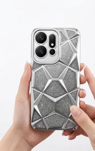 Case Gradient Glitter Luxury (Compatible with Reno 14F) Electroplated 3D Cube, Diamond Bling Shiny Soft TPU Clear Shockproof Women Girls Protective Phone Cover (Silver) Cellular phone case