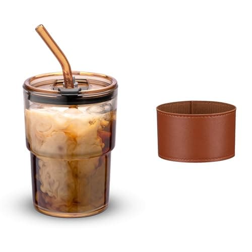 BLUEPOLAR 13 oz Tumbler Water Glass, Glass Coffee Mugs with Straw and Lid, Iced Tea Cup Thicken Wall Insulated Glass Cup with Protect Sleeve (Amber)