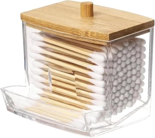 Circle M Clear Q-Tip & Cotton Swab Dispenser: Bamboo Lid Bathroom Vanity Organizer Item container