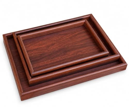 3-Piece MDF Wooden Serving Tray Set with Wooden Base | Large, Medium & Small, Decorative Home Trays, Nested Design, Rich Wood Finish, Stackable Storage
