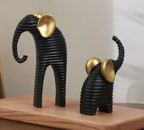 Generic Modern Abstract Elephant Figurine Set, Black Ribbed Sculpture with Gold Accents, Contemporary Home Decor, 2-Piece (Black)