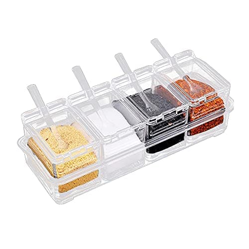 KOBSAINF Clear Seasoning Rack Spice Pots 4 Piece Acrylic Seasoning Storage Seasoning Container Cruet with Cover and Spoon Set for Kitchen