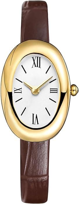 Women's Elegant Oval Watch with Comfortable Leather Strap, Precise Quartz Movement, Slim Fit for Daily and Formal Looks, Adds a Sophisticated Touch to Your Wrist (Dark Brown)