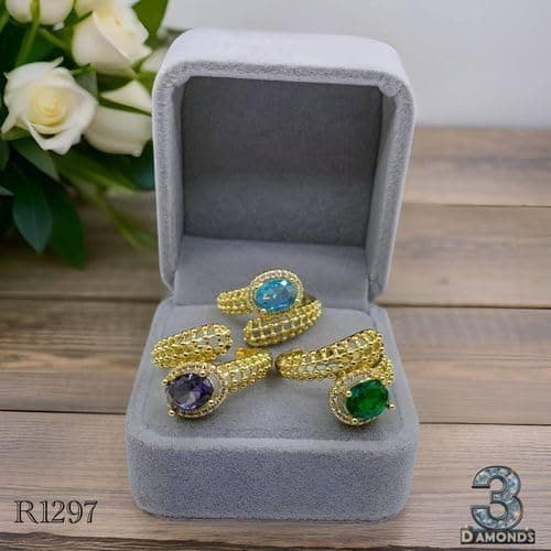 3 Diamonds 292474661779639 Gold-Plated Statement Ring with Oval Colored Gemstone – Luxurious Textured Design-1