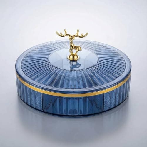 Generic Decorative Snack Platter with Lid, Navy Blue, Divided, Gold Deer Handle, for Nuts, Dates, Chocolates and Sweets, .ht