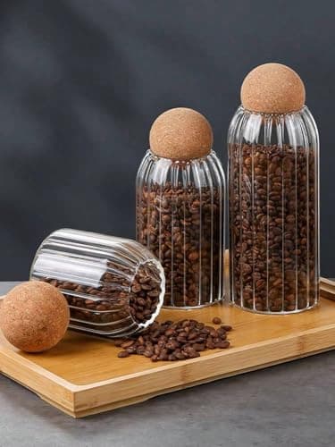 Generic Glass Storage Jar Set with Cork Ball Lid, Ribbed Design, 500ml, 750ml, and 1000ml, Set of 3, .soh