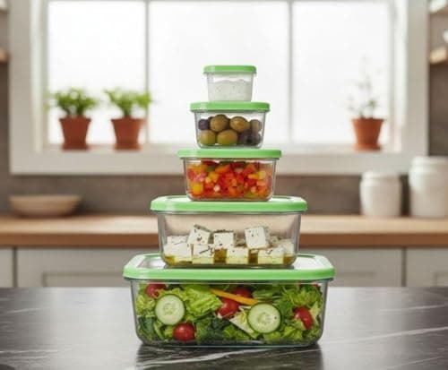 Generic Clear Plastic Food Storage Container Set with Spill-Proof Lids, Square Shape, 5 Piece Set, 3200/1850/1000/480/230 ml .db