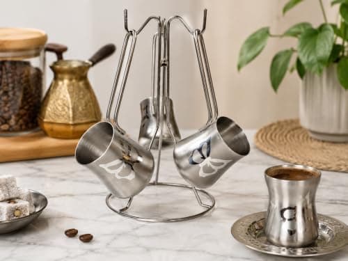 Newhome Turkish Style Laser Engraved Stainless Steel Coffee Pot Set, Premium Cezve Set for Turkish Coffee, Arabic Coffee and Hot Beverages, Elegant Decorative Engraved Finish Pitcher