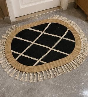 Generic Handmade Round Rug, Black and Beige, Tasselled Border, for Bedroom, Kitchen or Bathroom Doormat, .soh