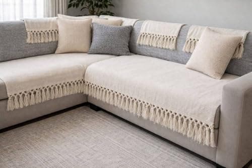Generic Linen Sofa Cover Set with Decorative Trim, 10-Piece Set, 195x90cm Large Sofa, 145x90cm Medium Sofa, 2 Chair Covers, 6 Cushion Covers, (beige) .flo Furniture cover