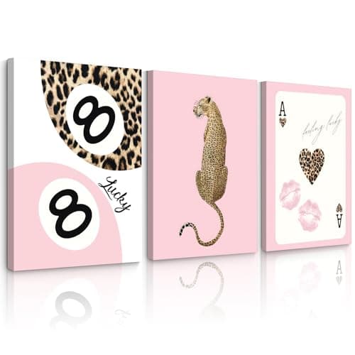 Cheetah Trendy Wall Art Preppy Leopard Canvas Print Cheetah Room Wall Decor 8 Ball Poster Y2k Pink Coquette Luxury Print Lucky Aesthetic Fashion Pictures for Bedroom 12x16x3 Inch Wrapped Canvas