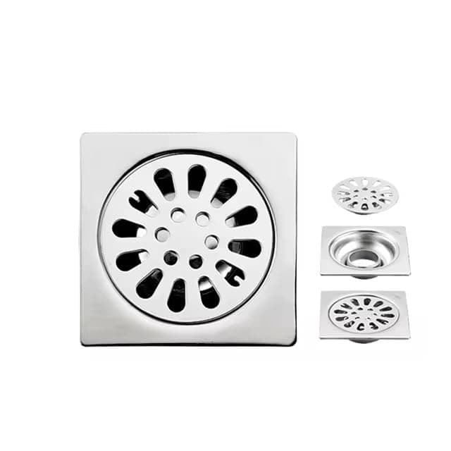 SUS304 Stainless Steel Square Floor Drain with Flower Grate Cover 10*10 cm | Hair Catcher Filter, Smooth Foot-Safe Finish, Bathroom & Shower Use, Removable Strainer, Rust-Resistant