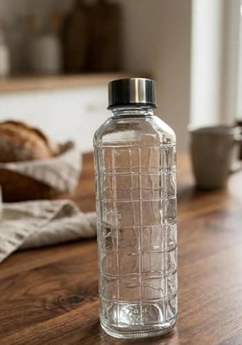 Generic Ribbed Glass Juice and Water Bottle with Stainless Steel Lid 1100ml, .ri