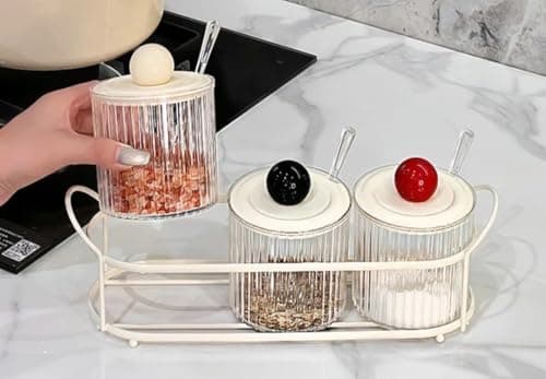 Generic Crystal Acrylic Spice Jar Set with Metal Stand, 3-Piece Kitchen Container Set with Spoons, White Food storage container