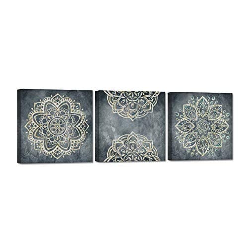 iHAPPYWALL 3 Pieces Mandala Canvas Prints Vintage Grey Boho Flowers Pattern Indian Artwork for Home Bathroom Kitchen Office Decoration Ready to Hang 12x12inchx3pcs