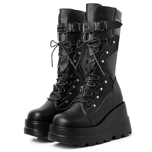 mikarka Womens Holographic Platform Mid Calf Combat Boots Lace Up Wedge Heel Studded Goth Knee High Boots