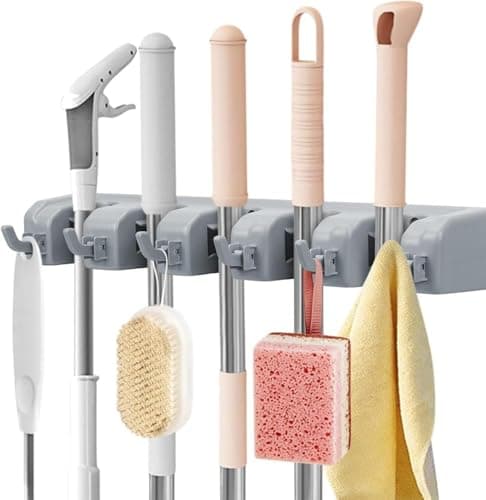 5-Slot Wall Mounted Broom Holder Mop Organizer with Heavy Duty Hooks