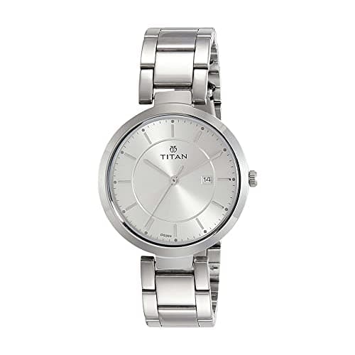 Titan 2480SM07 Stainless Steel Strap Analog Quartz Watch with Day and Date for Women, 35 mm Size, Silver