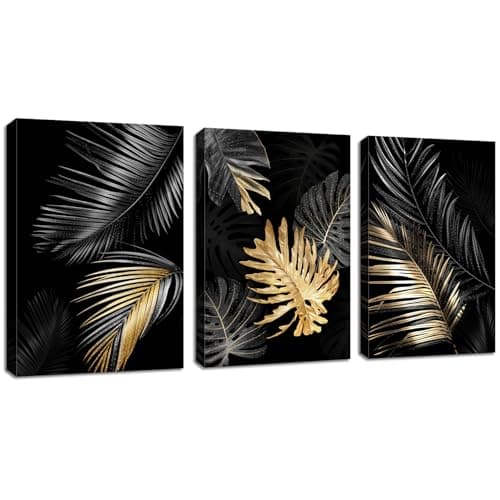 3 Panels Framed Canvas Wall Art Black Gold Tree Leaves Picture Printed Poster Botanical Tropical Monstera Plant Canvas Prints Wall Decor for Bedroom Living Room Bathroom Ready to Hang 30x40cmx3Pcs
