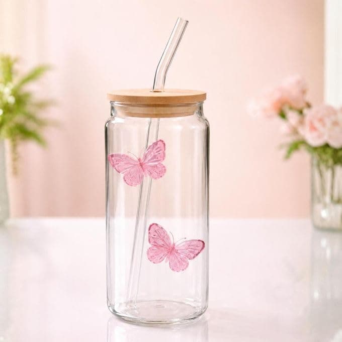 Bedaya Glass Tumbler Cup with Bamboo Lid and Straw, Aesthetic Can Shaped Drinking Glass with Purple Butterfly Print, Clear Water Glass for Iced Coffee, Matcha, Smoothies, Juice, and Boba