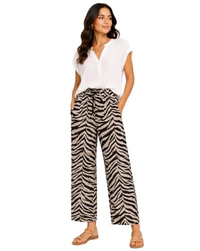 Safari Zebra Print Pants, XXL, Linen, Wide-Leg Fit with Elastic Drawstring Waistband