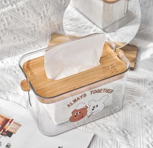 Generic Clear Tissue Box Holder with Wooden Lid, Transparent, Shatter-Resistant, Cute Bear Design, .em