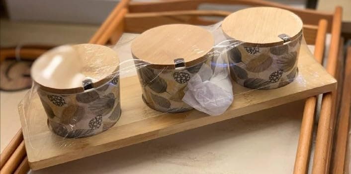 Generic Coffee and Spice Set with Wooden Lids and Spoons, Melamine and Corn Straw Material, 3 Pieces .soh Food storage container