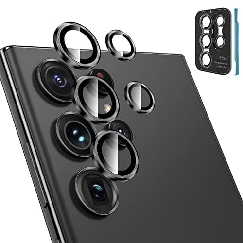 Tensea [3+2PCS for Samsung Galaxy S23 Ultra 5G Camera Lens Protector, 9H Tempered Glass Camera Cover Screen Protector Metal Individual Ring [Installation Tray][Removal tool][Case Friendly]- Black