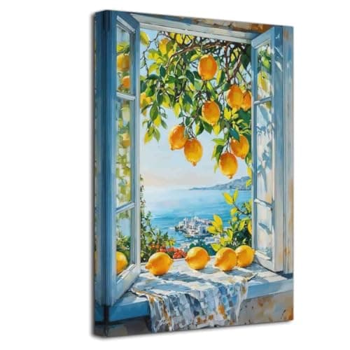 LZIMU Lemon Wall Art Kitchen Decor Bathroom Pictures Lemon Tree Canvas Prints Vintage Yellow Fruit Painting Rustic Landscape Poster Farmhouse Artwork Framed (Blue, (18L x 12W))