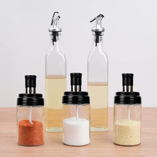 7 Piece Kitchen Glass Set for Seasoning and Oil Storage Organizer Include Jars with Spoons and Bottles and Strong Plastic Funnel Safe | By Generic Food storage container