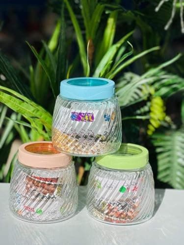 Generic Glass Storage Jars with Coloured Lids, Set of 3, Multi-Purpose Kitchen Containers for Tea, Coffee, Sugar, Legumes .b Food storage container