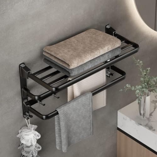 2-Tier Metal Bathroom Towel Rack with Hooks Wall Mount Towel Drying Shelf