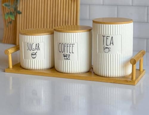 Generic Ribbed Canister Set for Tea, Coffee and Sugar, with Airtight Bamboo Lids and Serving Tray, 3 Pieces, .kit Food storage container